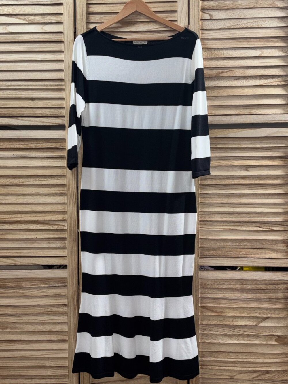 Eva Mendes Black White Striped Knit Boatneck Sweater Dress NWT Large - Picture 1 of 9